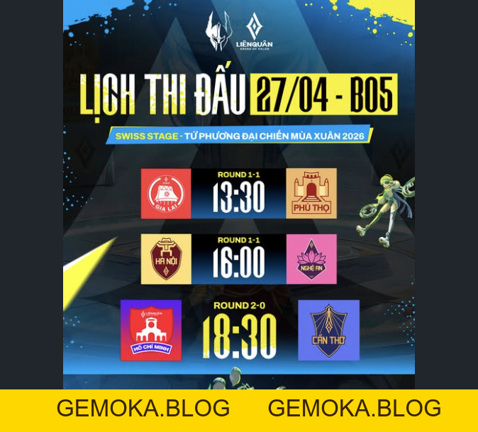 LỊCH VÒNG SWISS STAGE TỨ PHƯƠNG ĐẠI CHIẾN MÙA XUÂN NGÀY 27/04/2026 - gemoka